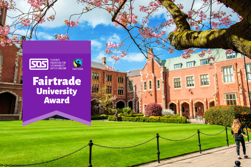 Graphic showing Queen's quad area to highlight the University being recognised as a Fairtade Un